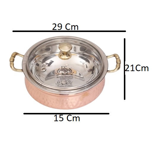 2200 ML Steel Copper Hammered Design Handi/Bowl/Casserole with Toughened Glass Lid 