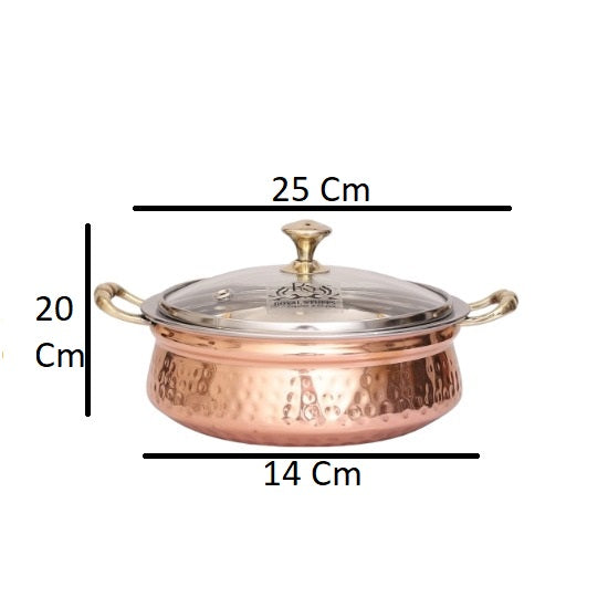 1300 ML Steel Copper Hammered Design Handi/Bowl/Casserole with Toughened Glass Lid 