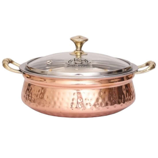 2200 ML Steel Copper Hammered Design Handi/Bowl/Casserole with Toughened Glass Lid