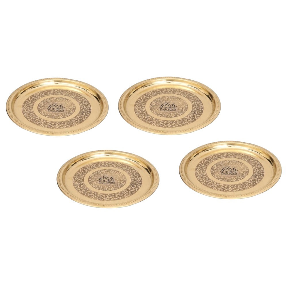 4 Small Handmade Pure Brass Plate Dish Embossed Design Round Shape Plates Set (8 Inch)