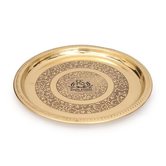 4 Big Handmade Pure Brass Plate Dish Embossed Design Round Shape Plate (11 Inch)