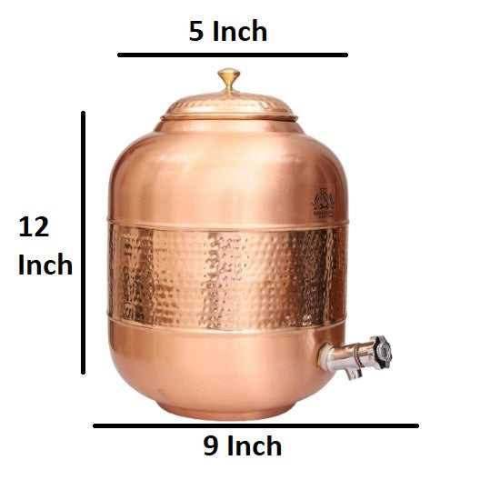 ROYALSTUFFS Pure Copper Drinkware Water Dispenser | Hammered Finish | Ayurveda Health Healing 8 Liters Storage Water Container Tank with Set of 4 Tumbler Glasses and 2 Copper Bottle