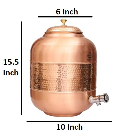 ROYALSTUFFS 12 Liters Pure Copper Drinkware Water Dispenser Hammered Finish- Ayurveda Health Healing Water Container Tank with 4 Matching Tumbler Glasses and 2 Copper Bottle