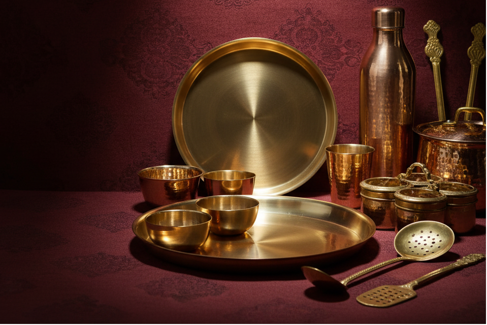 a collection of hammered copper cookware with gold handles, showcasing elegance and craftsmanship in kitchen essentials