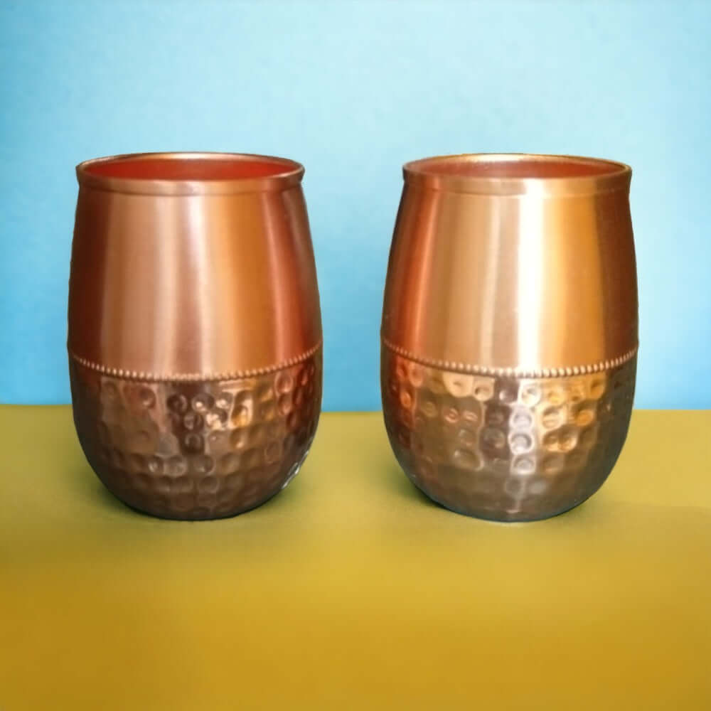 Metal Dholak Shaped Copper Water Glass 100% Pure Tamba Glass BPA Free for Drinking & Serving Set of 2 Piece(200ml),Weight:260 Gram