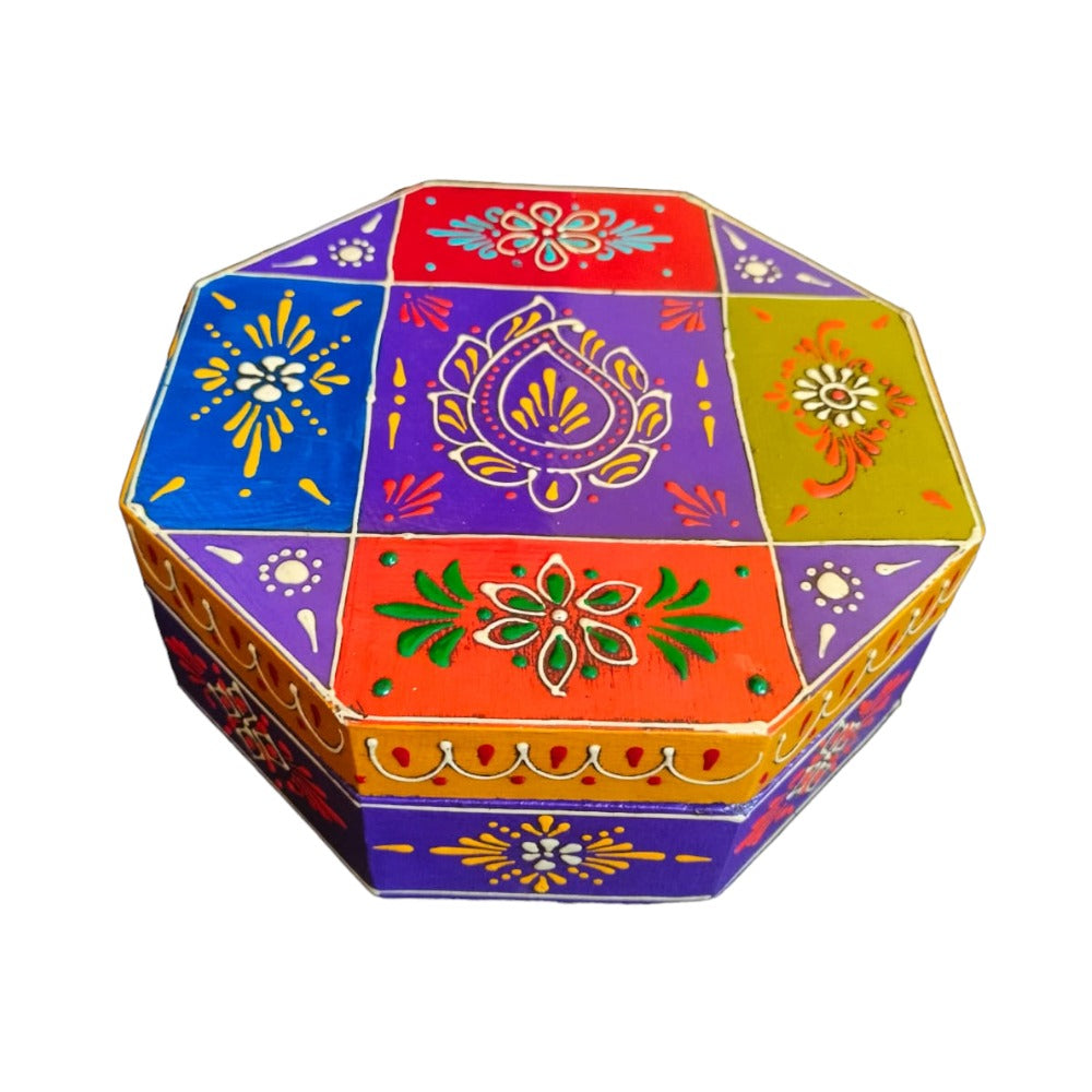 India Wooden Masala Dabba Spice Box with Beautiful Mughal Painting 