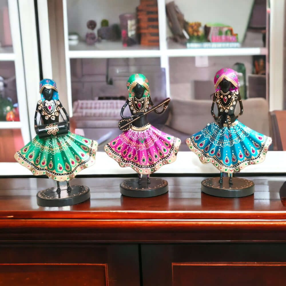 Set of 3 Musician Figurine Showpiece Iron  for Shelf Décor & Gifts, 9.5 Inch (Multicolor)
