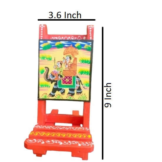 Mobile Stand Wooden Hand Painted Vintage Traditional Indian Design - Compatible with All Phones. Color: Orange