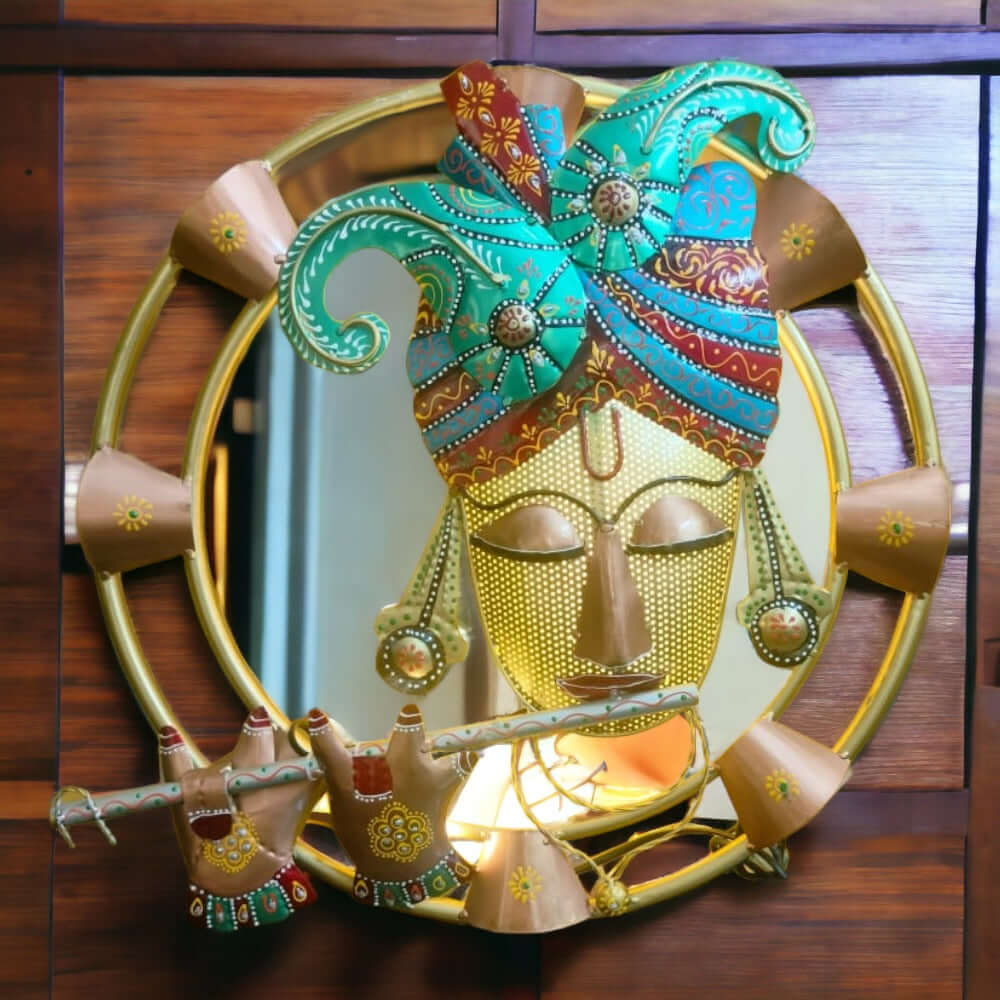ROYALSTUFFS Krishna Playing Flute With Inbuilt LED Light Decorative Metal Wall Hangings With Light For Wall Décor – Round Iron Metal Wall Hanging For Home Decoration and Café Decoration
