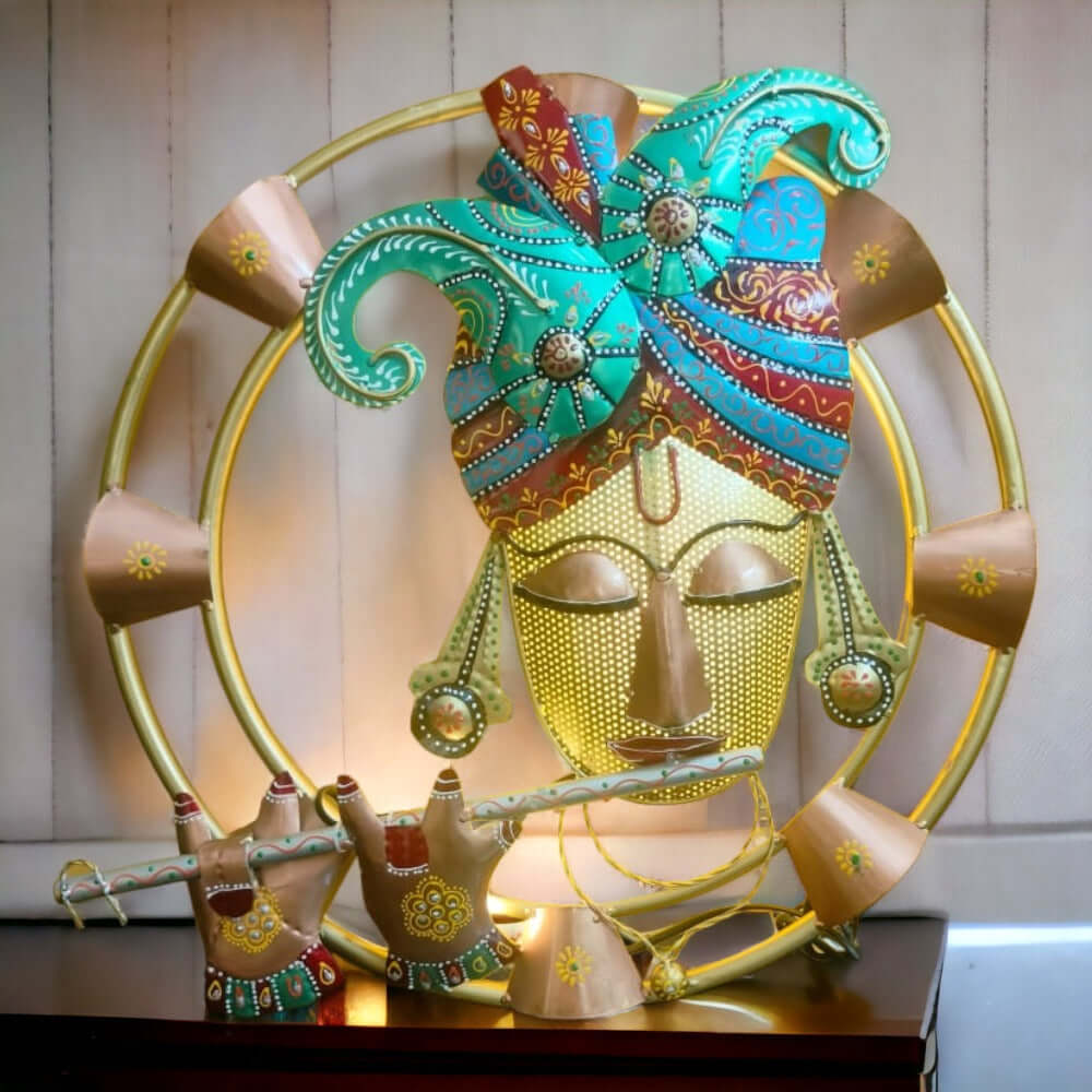 ROYALSTUFFS Krishna Playing Flute With Inbuilt LED Light Decorative Metal Wall Hangings With Light For Wall Décor – Round Iron Metal Wall Hanging For Home Decoration and Café Decoration