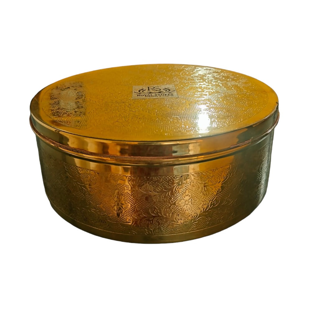 3 Inch Handmade Royal Brass Antique Finish Chapati Box with Lid | Hot Pot Chapati Box for Kitchen (Brass)