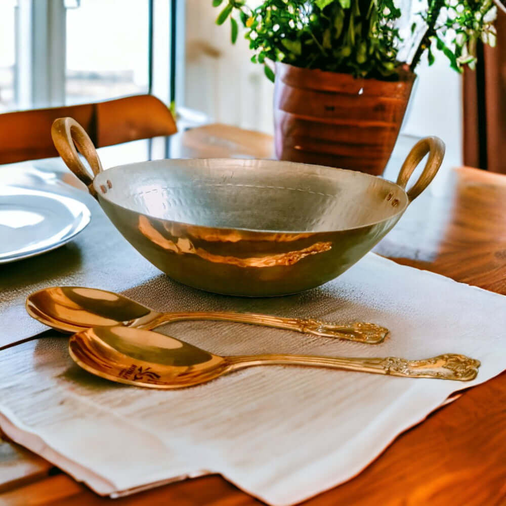 Brass Pital Heavy Weight Serving Kadhai Cookware with 2 Brass Spoon (1250ML)