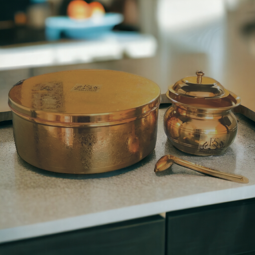 Handmade Royal Brass Antique Finish Chapati Box with Lid | Hot Pot Chapati Box for Kitchen and 1 Ghee Pot