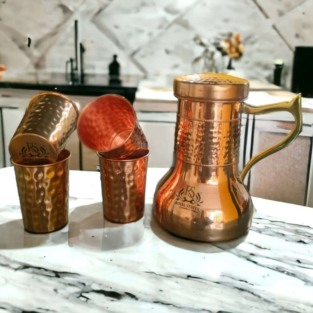 ROYALSTUFFS Pure Copper Designer Hammered and Smooth Bedroom Carafe Bottle with Handle and Set of 4 Copper Glasses | Drinkware | Diwali Anniversary/Party/Mother's Day Gift Pack of - 5