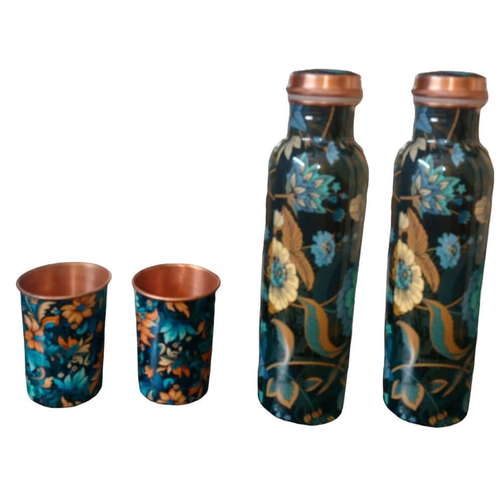 2 Printed Copper Meena Bottle (1000ml) with 2 Meena Glass 300 ml Each
