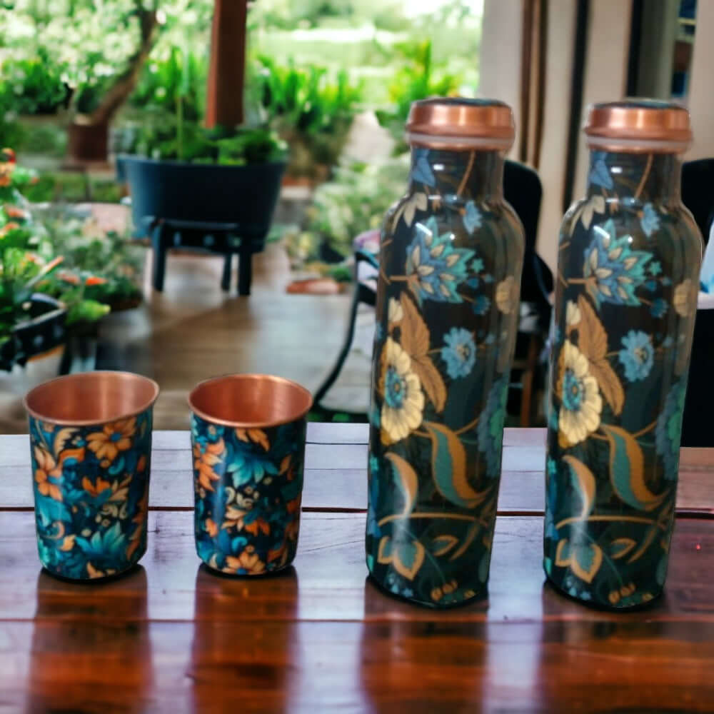 2 Printed Copper Meena Bottle (1000ml) with 2 Meena Glass 300 ml Each