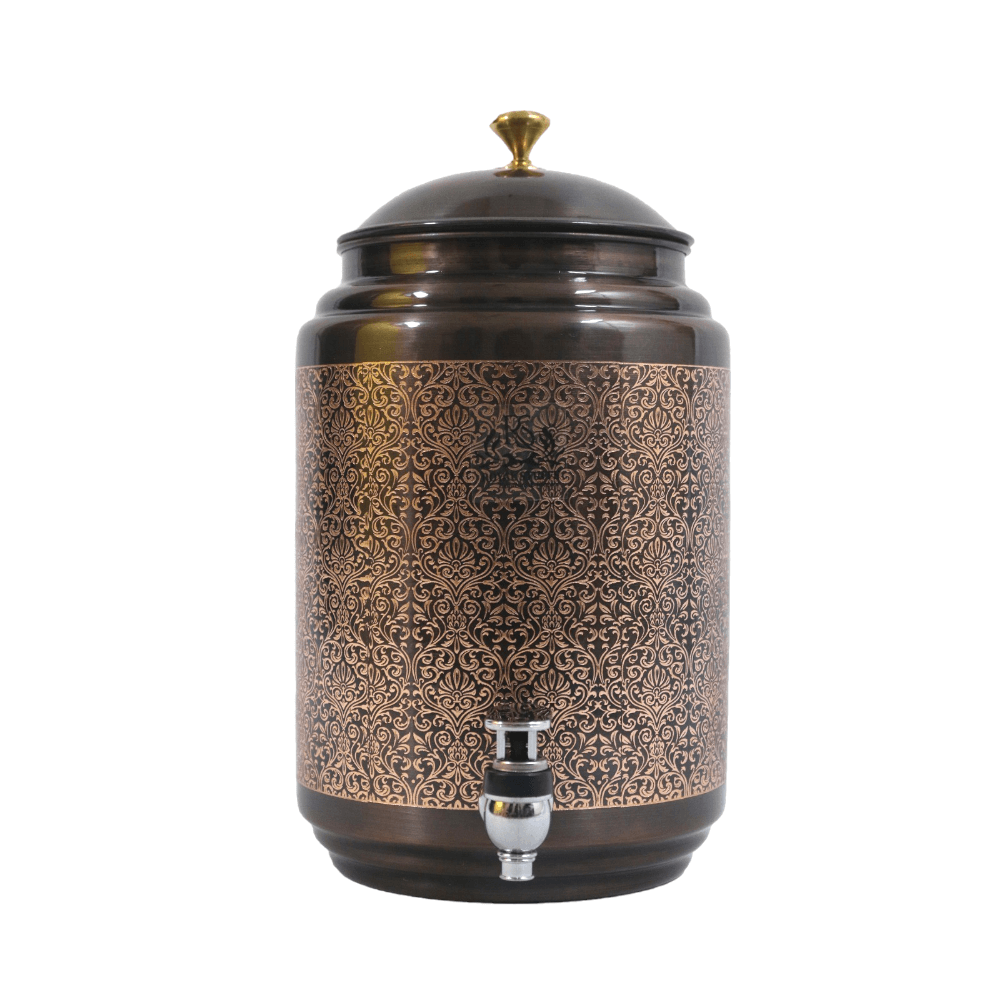 ROYALSTUFFS 8 Liter Copper Embossed Black Water Dispenser Tank + 3 Glass & Stand with 1000 Ml Copper Bottle Handmade Copper Container | Anniversary, Birthday, Wedding Etc.