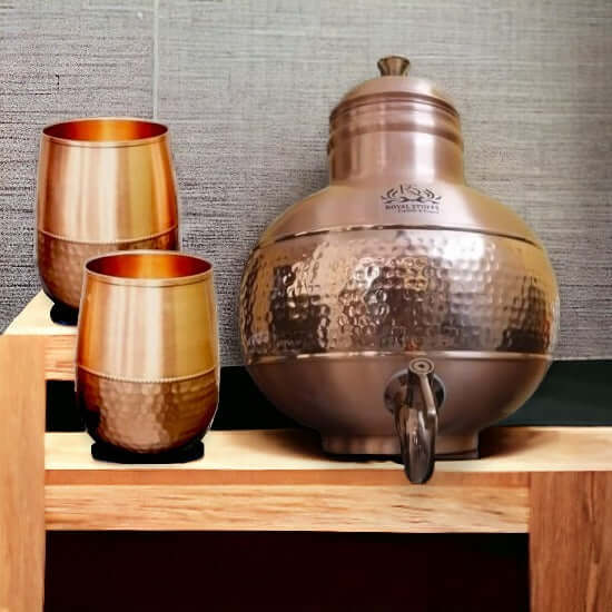 ROYALSTUFFS Copper Water Dispenser Container Pot/Matka/Ghada - (Premium Hammer) With 2 Copper Glasses 5000 Ml | Copper Water Tank With Combo of 2 Dholak Glasses