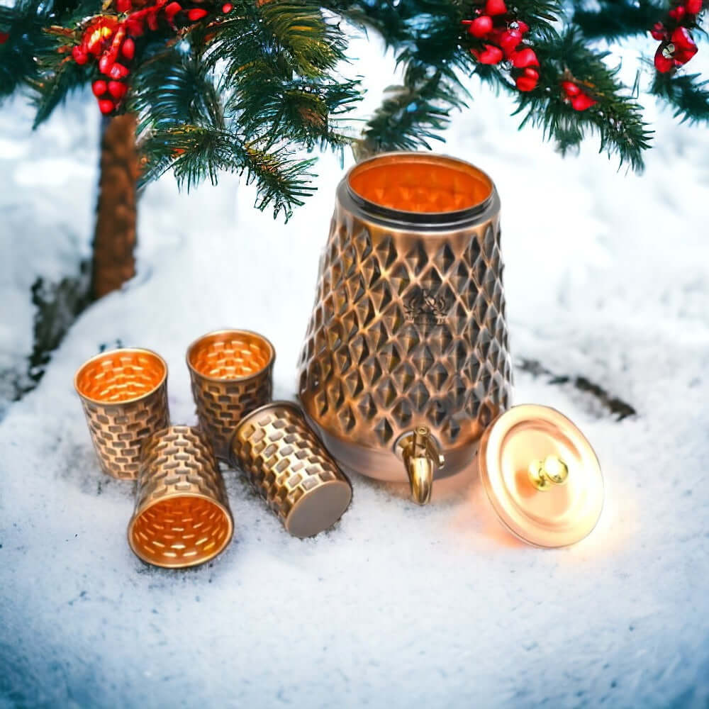 ROYALSTUFFS Pure Copper Water Dispenser Container Diamond shape Design Tank with 4 Copper Glass for Water Purposes at Home and Offices Volume-8 Litre (Pack of 1 Tank + 4 Glass)
