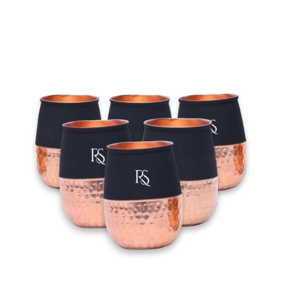 Set of 6 Silk Black Half Hammered Dholak Tumbler Pure Copper Water Glass Capacity 250ML