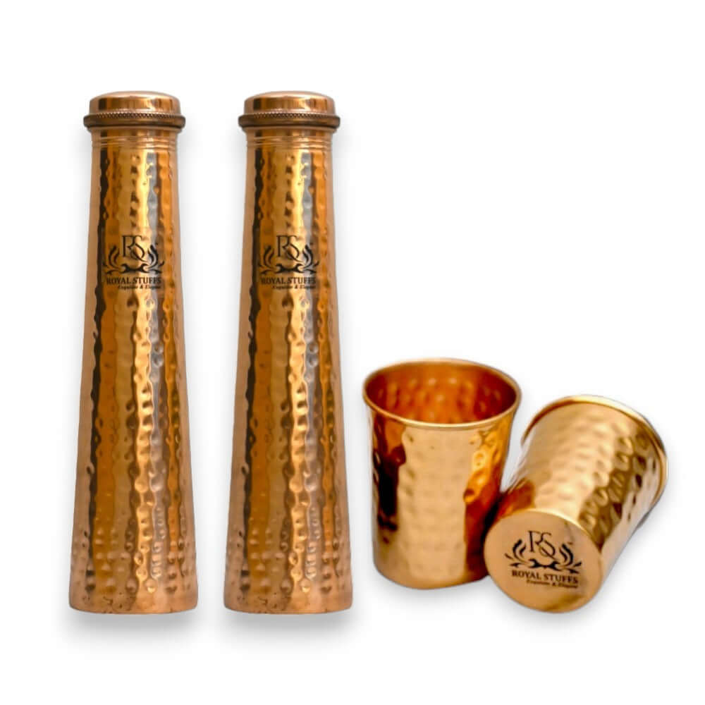 ROYALSTUFFS Tower Shape Copper Water Bottles and Tumbler Glasses | Combo Set of 4 Pcs of Drinkware Vessel || Handcrafted Ayurvedic || Leak Proof Lid – Smooth Finish 750 ML