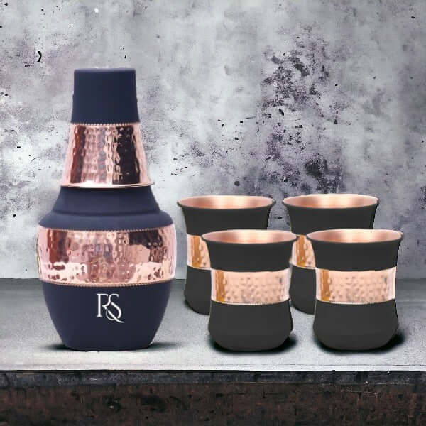 ROYALSTUFFS Pure Copper Drinking Water Bottle Container with 4 Glass| Copper Bedroom Water Carafe- 1250 ml (Pack of 5)
