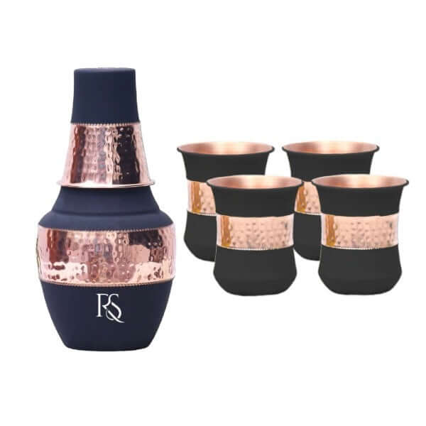 ROYALSTUFFS Pure Copper Drinking Water Bottle Container with 4 Glass| Copper Bedroom Water Carafe- 1250 ml (Pack of 5)