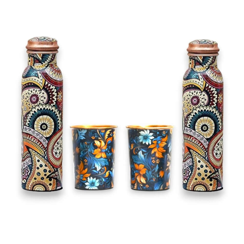 Pure 2 Copper Water Bottle for Drinking with 2 Copper Glasses  Ayurvedic 1000 ml Premium Quality Handcrafted Large Hammered Copper Vessel and Glass Set