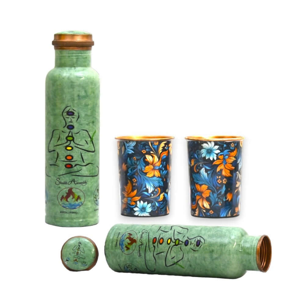 ROYALSTUFFS Copper Water Bottle 1 Liter Extra Large with 2 Tumblers - An Ayurvedic Pure Copper Vessel- Helps to Drink More Water, Enjoy The Health Benefits - Gift Pack of 4
