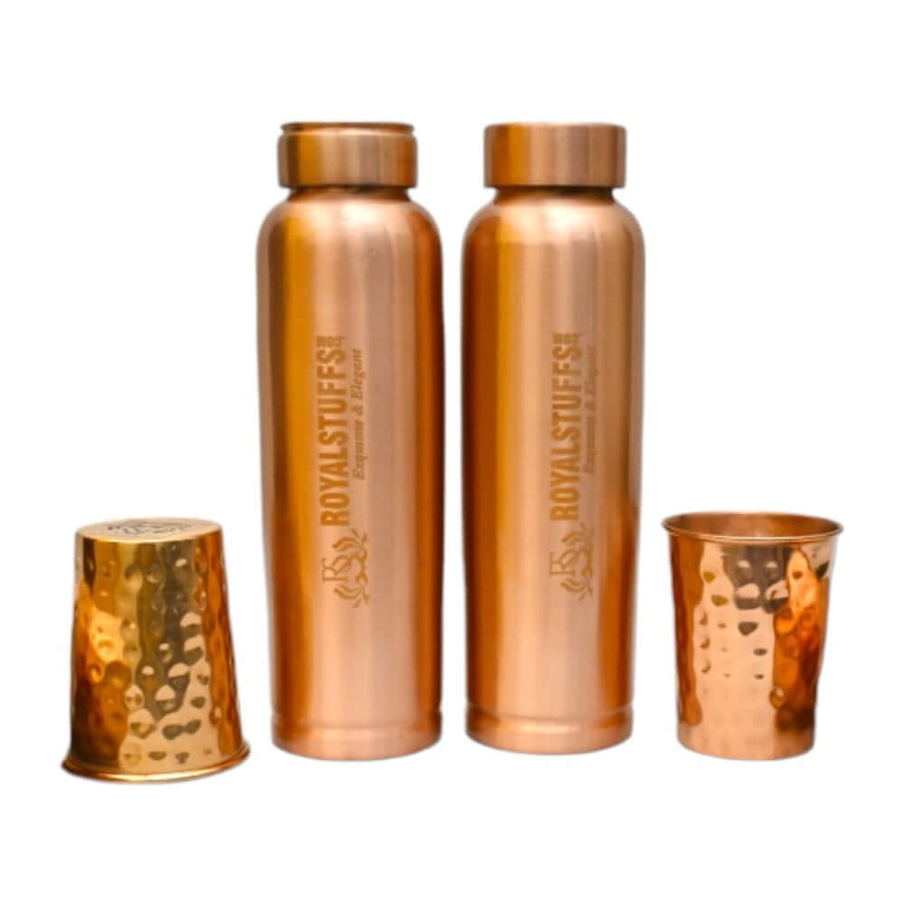 ROYALSTUFFS Pure Copper Water Bottle -900 ml Leak Proof Joint Less Indian Ayurveda Health Benefits Water Vessel Drink More for Healthy Lifestyle with 2 Hammer Tumbler Glasses