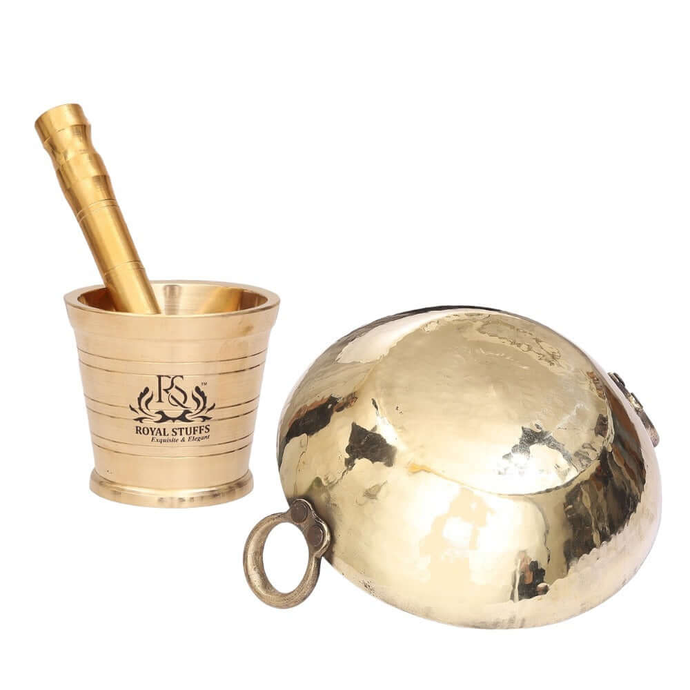 1250 ML Brass Pital Heavy Weight Serving Kadhai Cookware with Brass Mortar