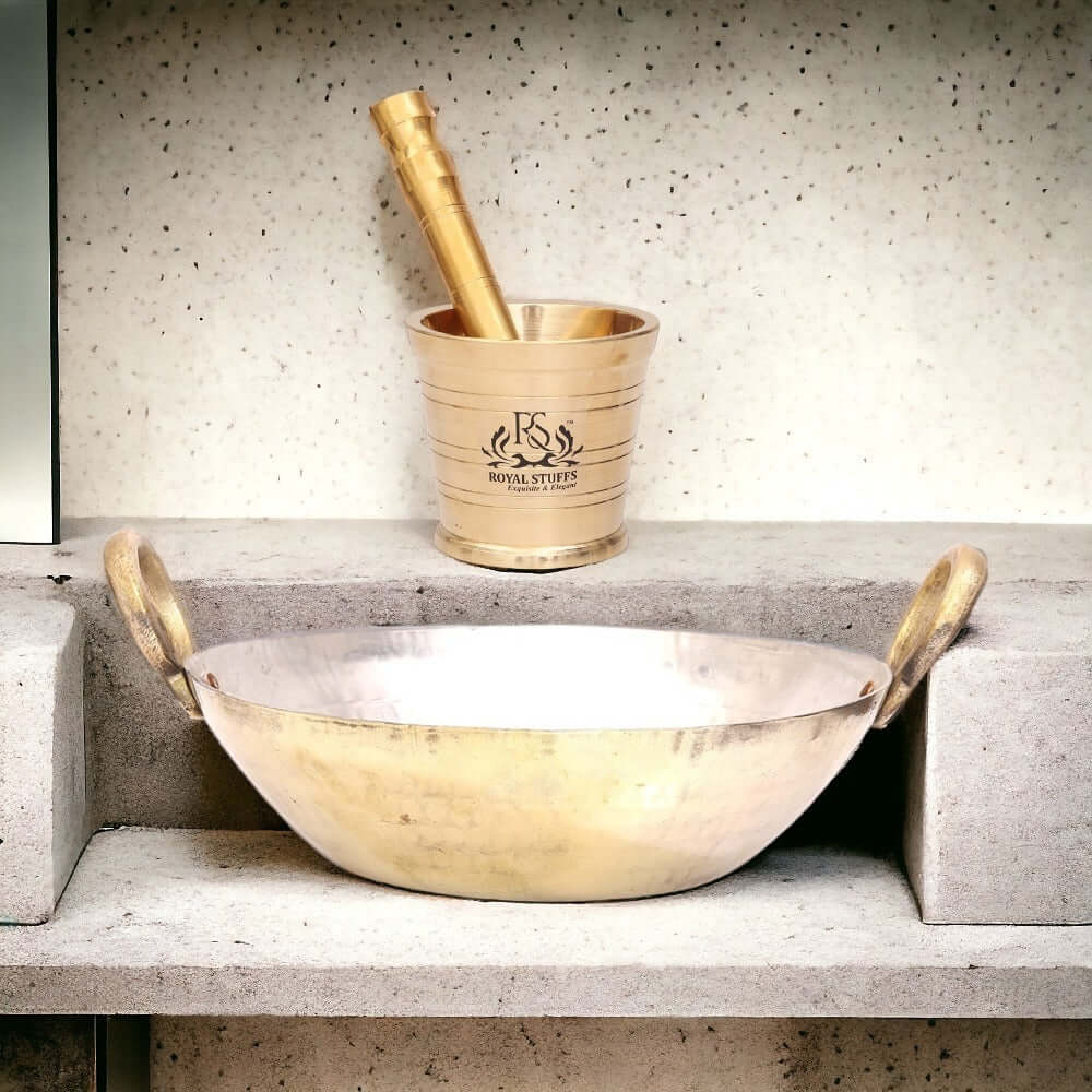 1250 ML Brass Pital Heavy Weight Serving Kadhai Cookware with Brass Mortar