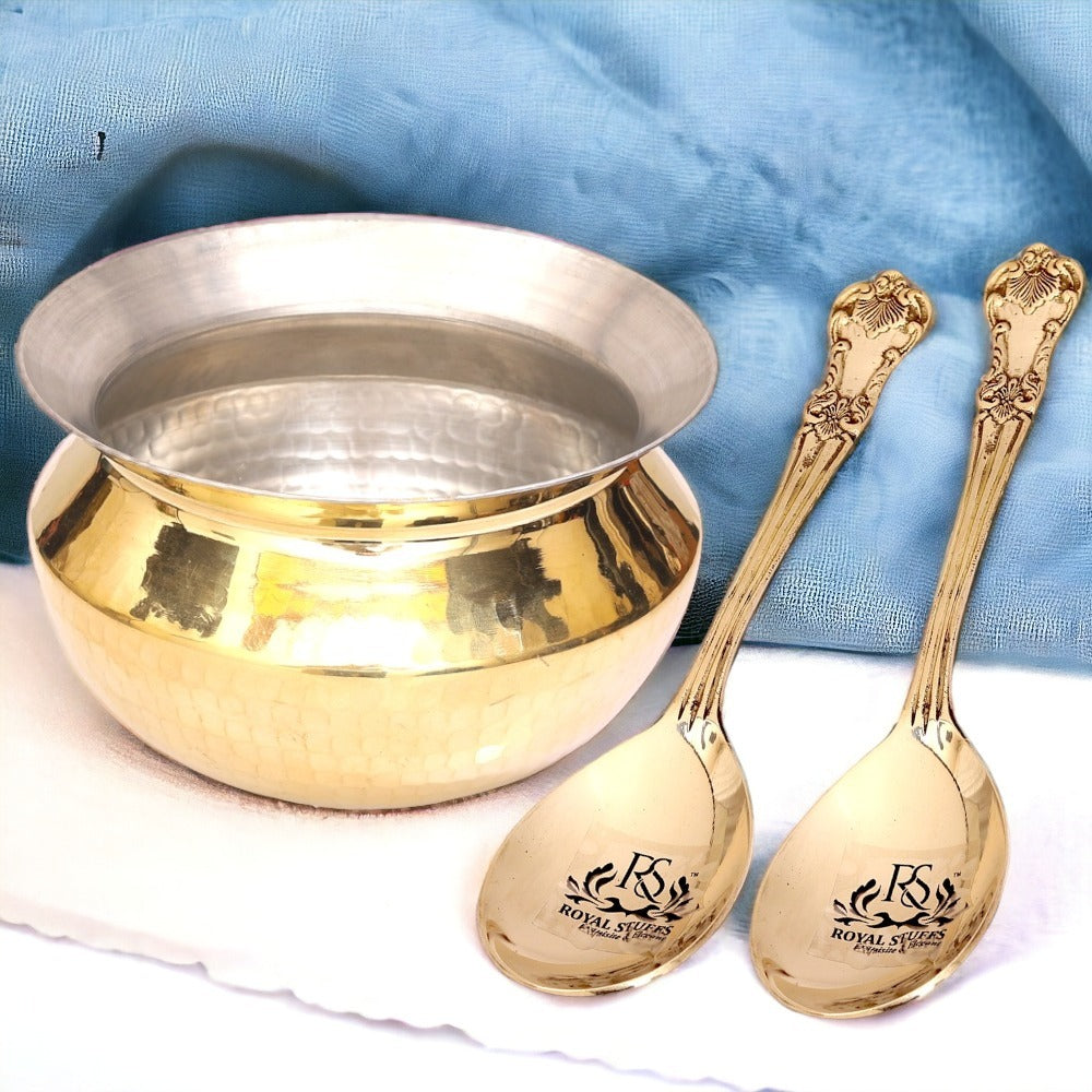 Brass Handi/Pongal Pot/Gundu/Cooker/Aandi - with 2 Spoon - 2 LTR (Brass) by Indian Collectible, Gold