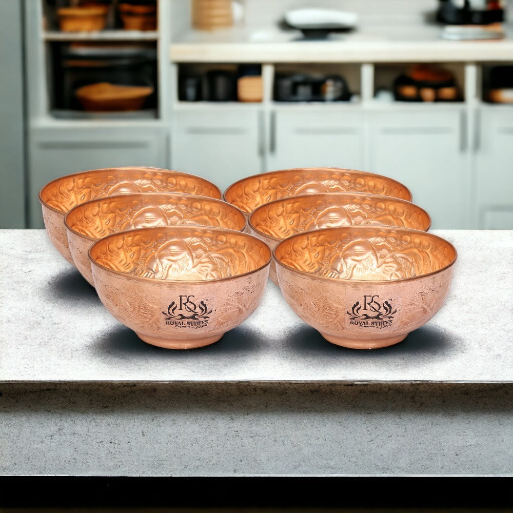 Set of 6 Embossed Leaf Design Copper Bowl (440 ml) Each