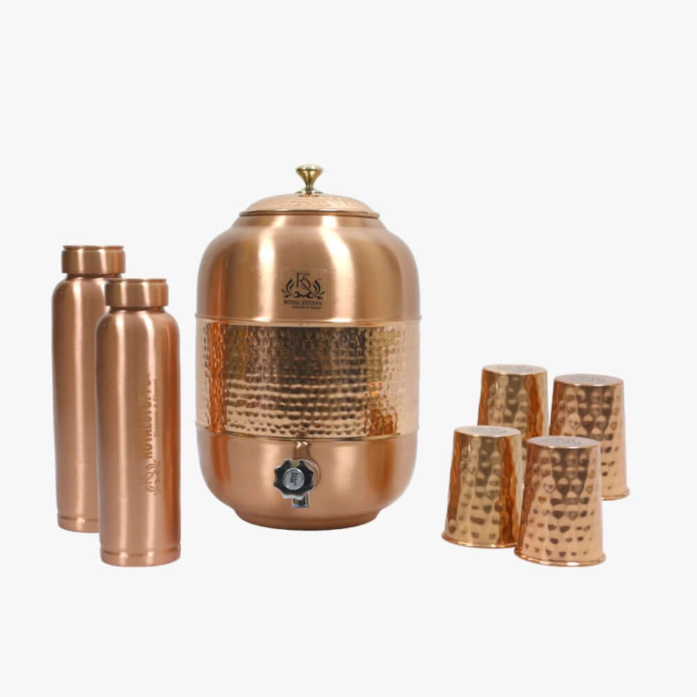 ROYALSTUFFS 12 Liters Pure Copper Drinkware Water Dispenser Hammered Finish- Ayurveda Health Healing Water Container Tank with 4 Matching Tumbler Glasses and 2 Copper Bottle
