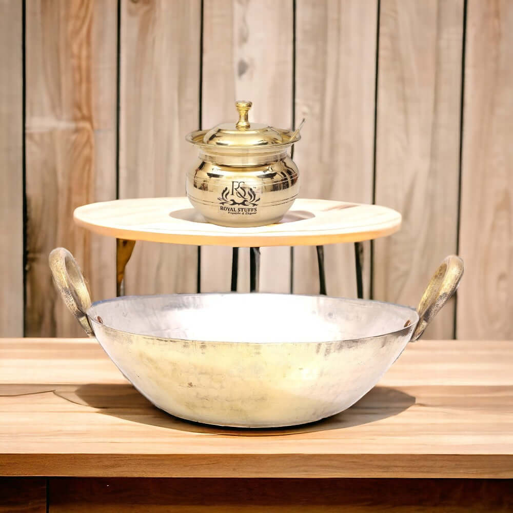 Brass Pital Heavy Weight Serving Kadhai Cookware with Brass Ghee Pot with Spoon (1250 ML)
