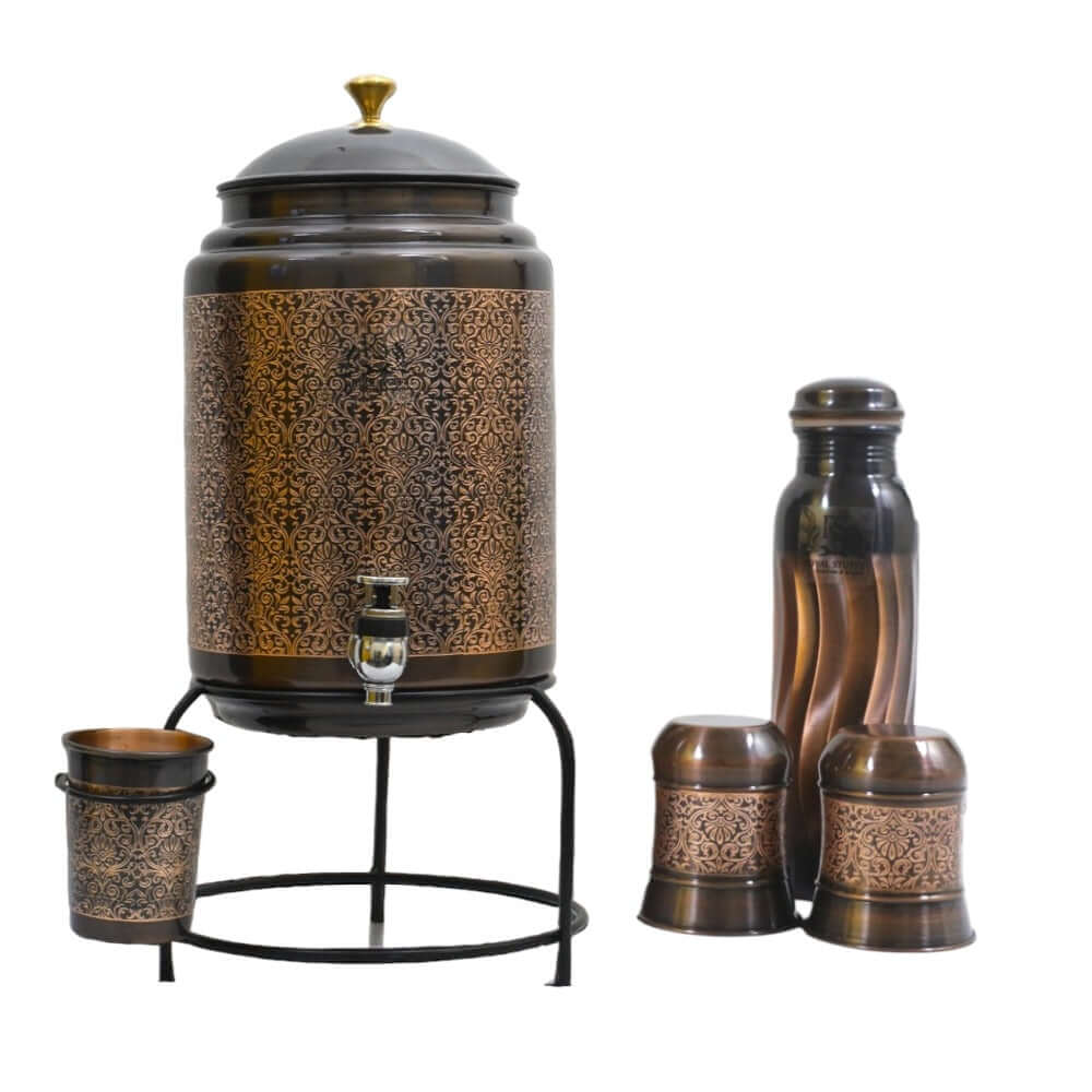ROYALSTUFFS 8 Liter Copper Embossed Black Water Dispenser Tank + 3 Glass & Stand with 1000 Ml Copper Bottle Handmade Copper Container | Anniversary, Birthday, Wedding Etc.