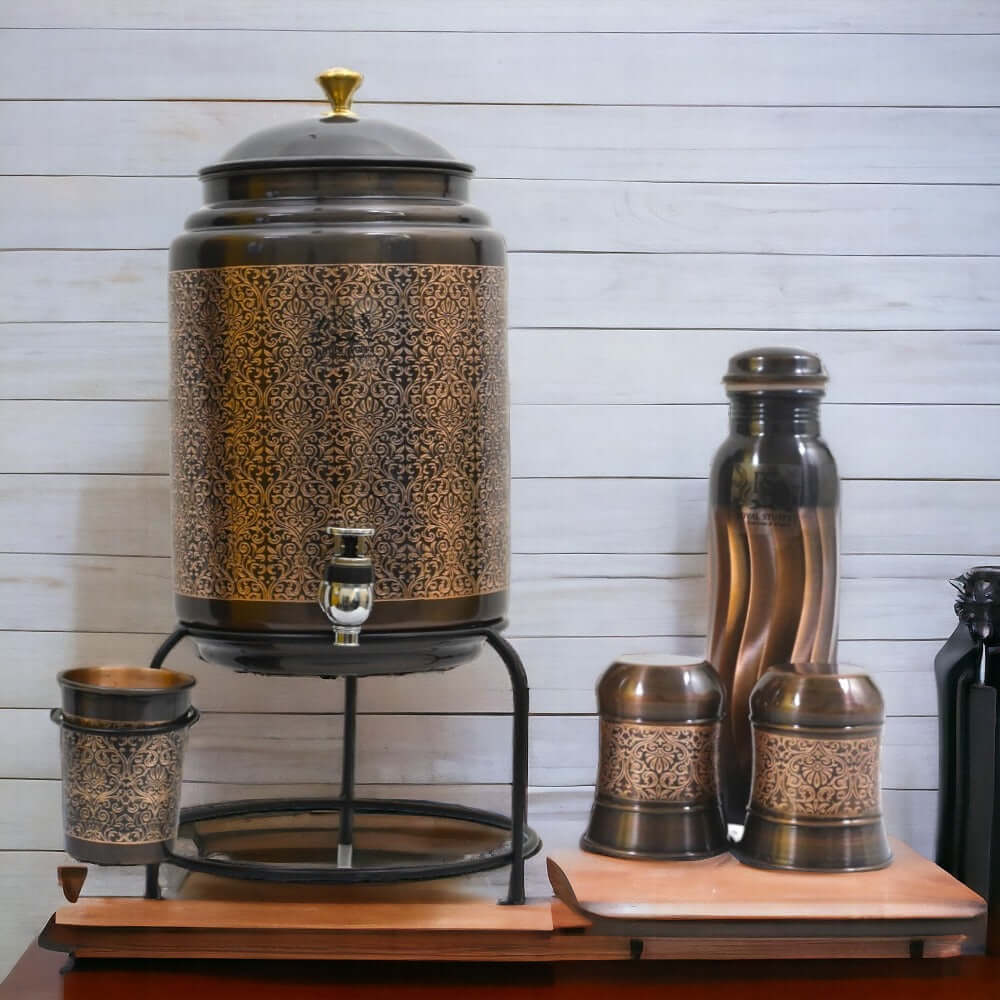 ROYALSTUFFS 8 Liter Copper Embossed Black Water Dispenser Tank + 3 Glass & Stand with 1000 Ml Copper Bottle Handmade Copper Container | Anniversary, Birthday, Wedding Etc.