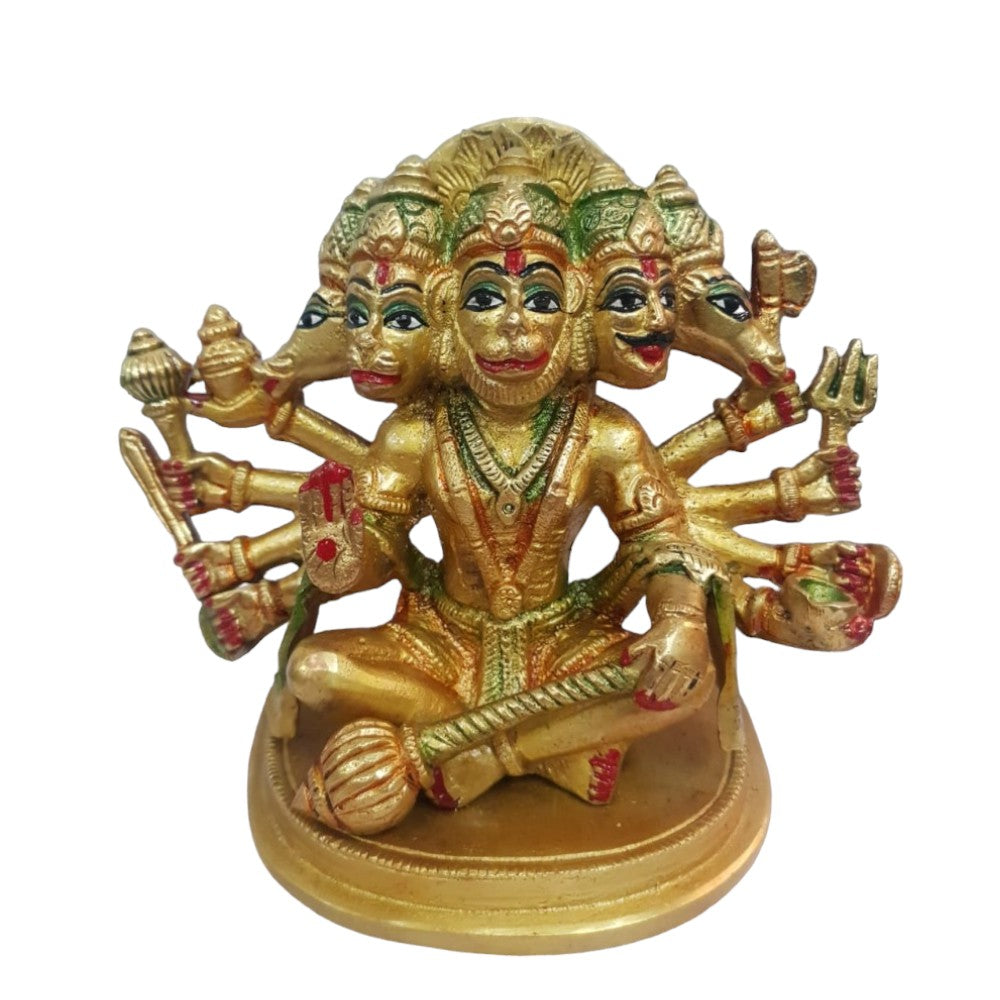 5 Inch Pure Brass Panchmukhi Coloured Hanuman Ji Idol