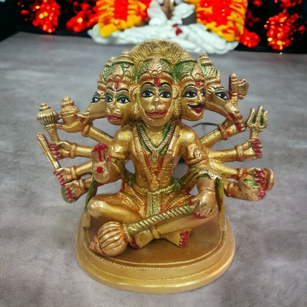 5 Inch Pure Brass Panchmukhi Coloured Hanuman Ji Idol