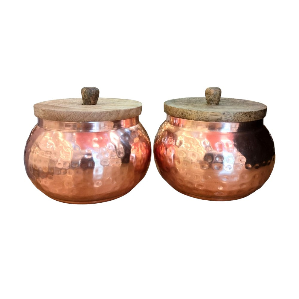 ROYALSTUFFS Copper Finished Hammered Metal Jar Set with wooden lid (Air Tight) 4×4 inches