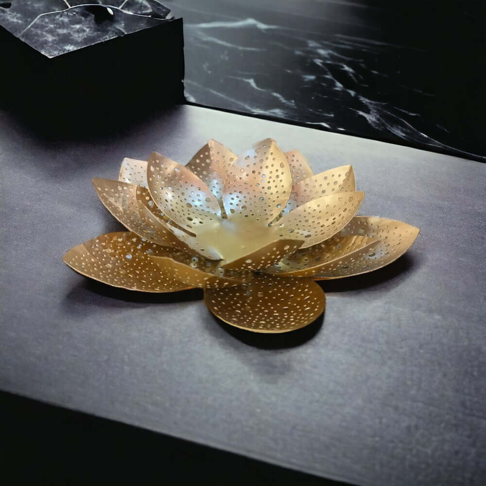 ROYALSTUFFS Lotus -3 Layer Flower Candle Holder – Matte Gold ( 8×2 inches )