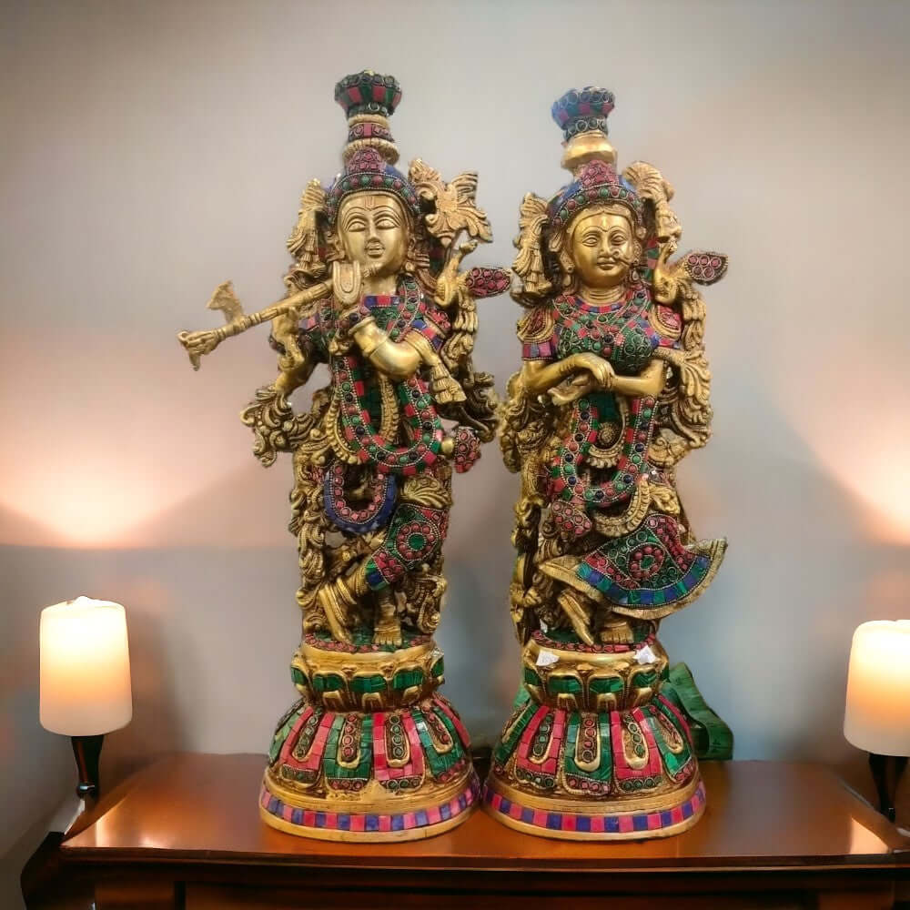ROYALSTUFFS  Brass Big Radha Krishna Idol/Multicolour Stone Work Showpiece/Standing on Flower Base Radhe Krishna Murti/for Home Office Temple/Standard Idol ( 17.8 Kg)