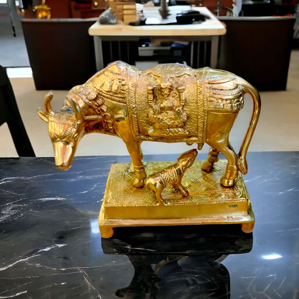 ROYALSTUFFS Kamdhenu Collections Brass statue Cow And Calf Statue Showpiece  5 inches height