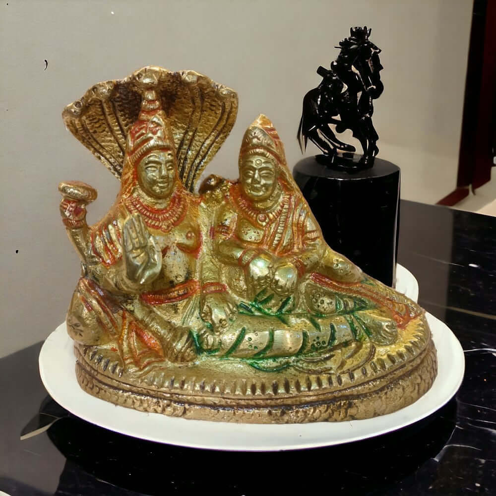 ROYALSTUFFS  Brass Lord Vishnu with Lakshmi Rest Upon Shesha Naag - Brass Laxmi Narayan Statue Dimension - (5.5x4x1.5) in inches Decorative Showpiece