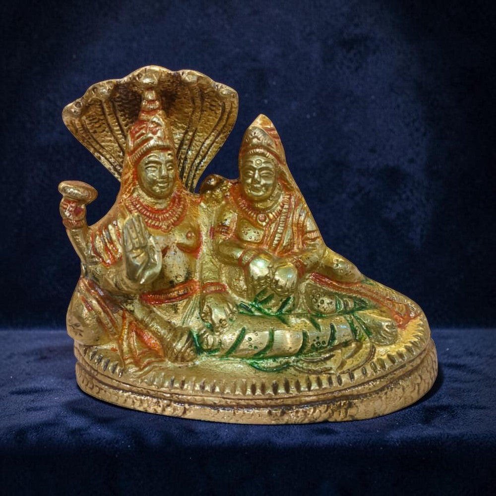 ROYALSTUFFS Brass Lord Vishnu with Lakshmi Rest Upon Shesha Naag - Brass Laxmi Narayan Statue Dimension - (5.5x4x1.5) in inches Decorative Showpiece