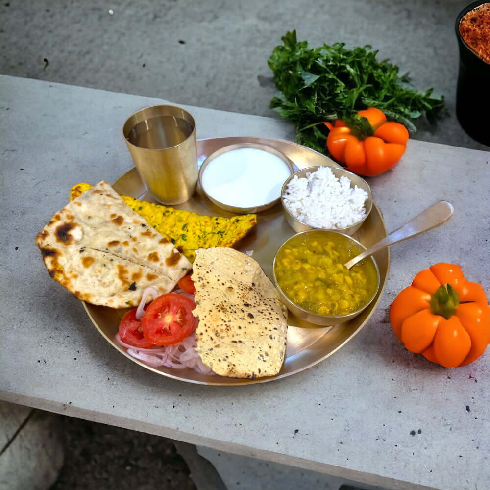 ROYALSTUFFS 11.8 Inch Matt Finish Kansa Bhojan Set Traditional Indian Dining Kit with Thali, Glass, Wati, Sweet Dish & Spoon - Ayurvedic Kansa Dinner Set of 6