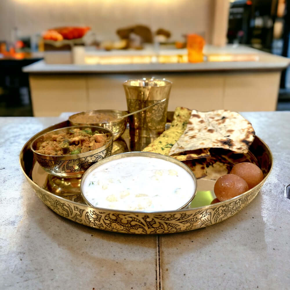 ROYALSTUFFS 12Inch Kansa Utensil 6 Piece Embossed Designer Dinner Thali Set for Home Hotel Restaurant with 1 Dinner Plate, 2 Bowl, 1 Rice Plate, 1 Glass, & 1 Spoon