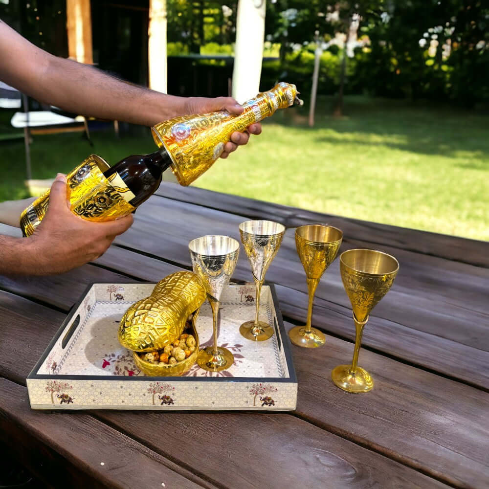 Set of 2 Golden Plated Brass Wine Glass, Metal Goblet, Champagne Flute