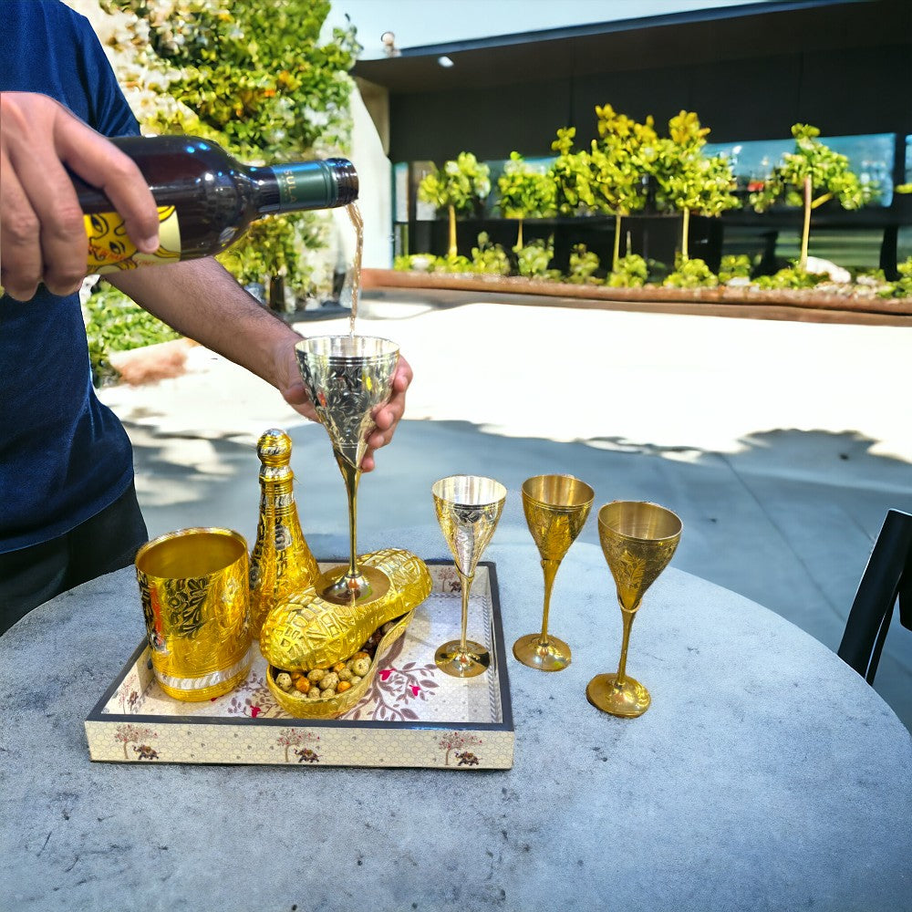 Set of 2 Golden Plated Brass Wine Glass, Metal Goblet, Champagne Flute